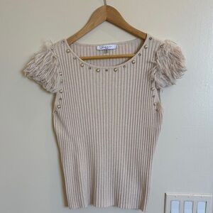 Beige Ribbed Knit Top with Feather Sleeves
